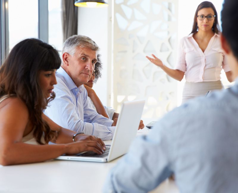 Businesswoman presenting to colleagues at a meeting